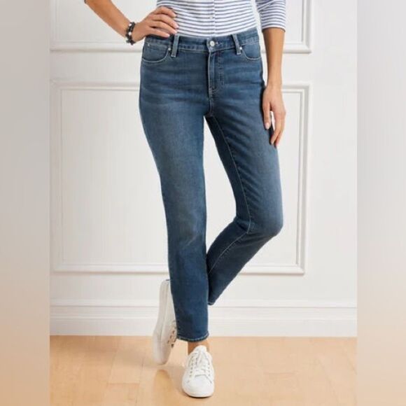 TALBOTS Jeans Womens 10 Signature Ankle Pants Blue Stretch Denim Whiskering Fall - Picture 1 of 8